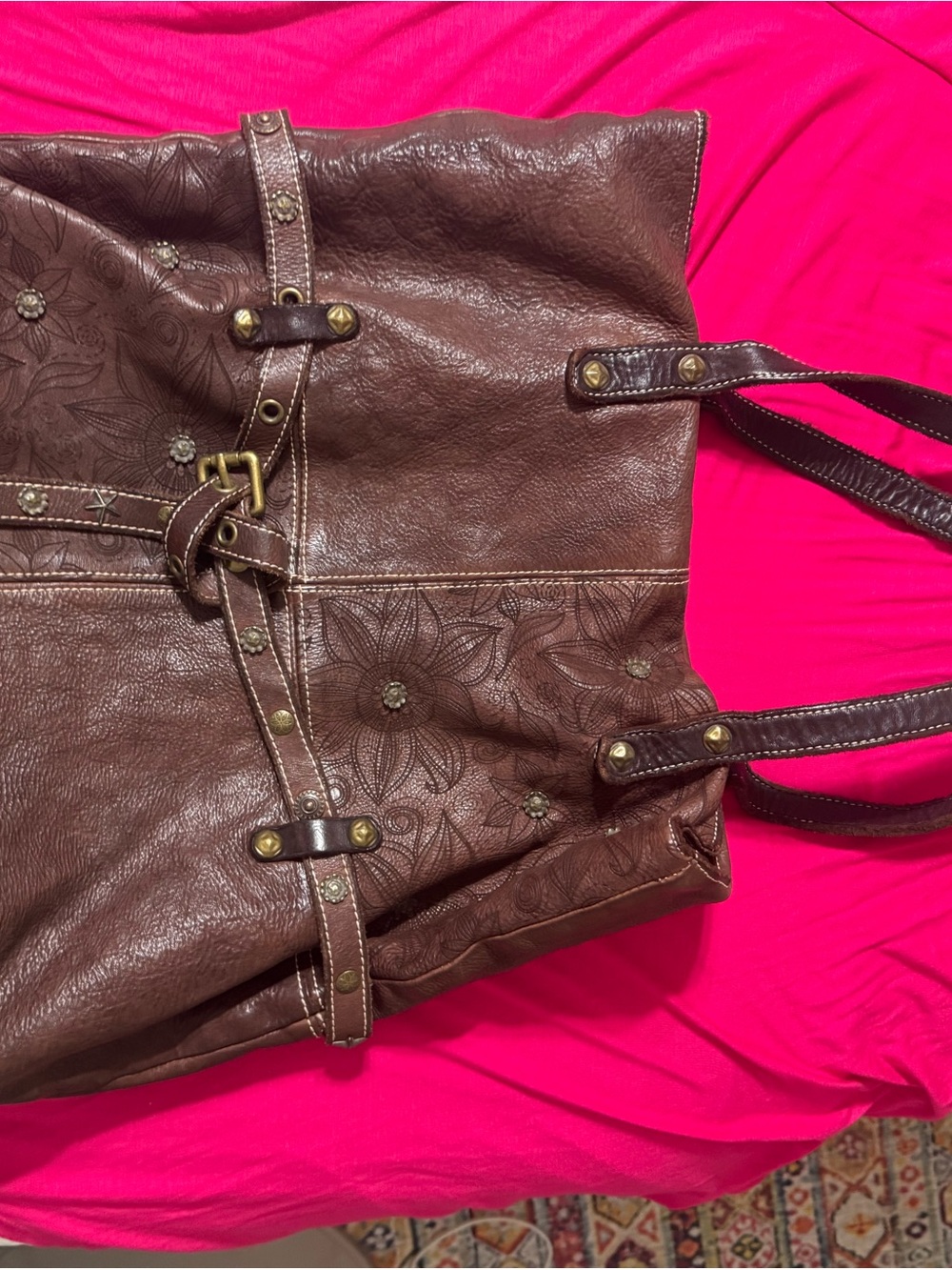 Brown Floral-Embossed Leather Tote Bag